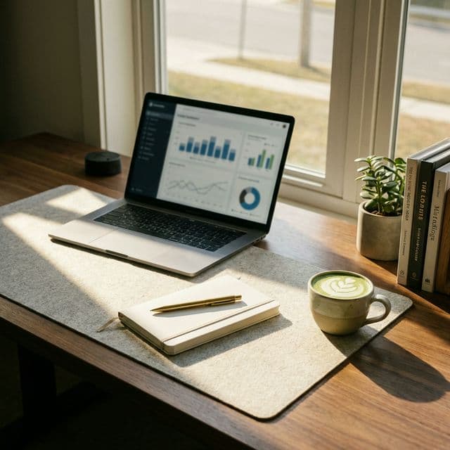 Organized study desk with laptop showing test prep analytics