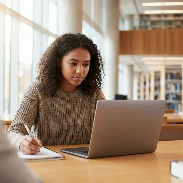 Focused student studying for PSAT in a library