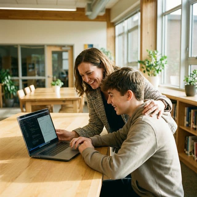 Mentor guiding a student through SAT preparation on laptop