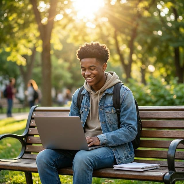 Student studying for HSPT on a park bench